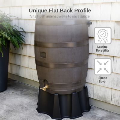 Image showing  50 Gallon Polyethylene Flat Back Brass Spigot Rain Barrel, Walnut Color