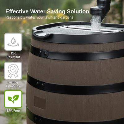 Image showing  55 Gallon Premium Polyethylene Flat Back Rain Barrel with Removable Lid, Woodgrain with Black Stripes Color