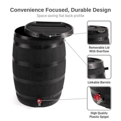 Image showing  55 Gallon Premium Polyethylene Flat Back Eco Rain Barrel with Removable Lid, Black Color