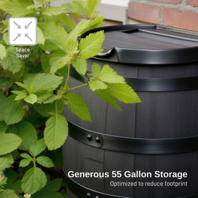 Image showing  55 Gallon Premium Polyethylene Flat Back Eco Rain Barrel with Removable Lid, Black Color
