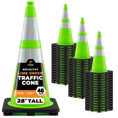 Xpose Safety 48 Pack 6 in. and 4 in. collar PVC Multi-Purpose Safety Traffic Cone Lime Green 28 in.