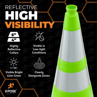 Image showing  48 Pack 6 in. and 4 in. collar PVC Multi-Purpose Safety Traffic Cone Lime Green 28 in.