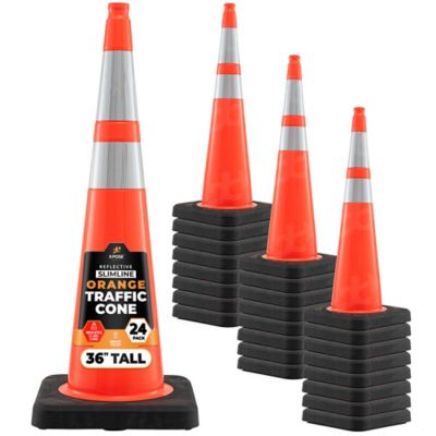 Xpose Safety 24 Pack 12 lbs base Slim Line 6 in. and 4 in. Collar PVC Multi-Purpose Safety Traffic Cone Orange 36 in.