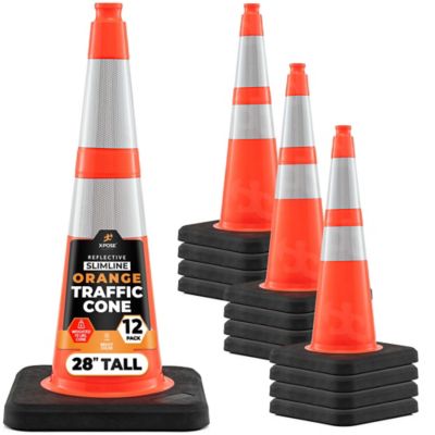 Xpose Safety 12 Pack Slim Line 6 in. and 4 in. Collar PVC Multi-Purpose Safety Traffic Cone Orange 28 in.