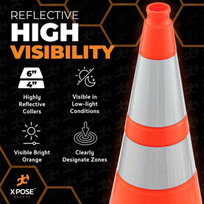 Image showing  48 Pack 6 in. and 4 in. collar PVC Multi-Purpose Safety Traffic Cone Orange 28 in.