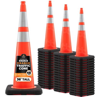 Xpose Safety 48 Pack Slim Line 6 in. and 4 in. Collar PVC Multi-Purpose Safety Traffic Cone Orange 36 in.