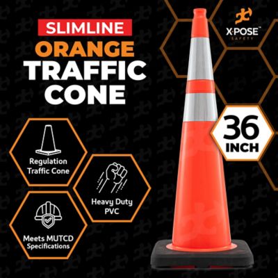 Image showing  48 Pack Slim Line 6 in. and 4 in. Collar PVC Multi-Purpose Safety Traffic Cone Orange 36 in.