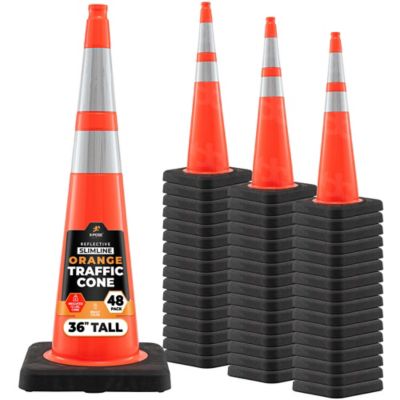 Xpose Safety 48 Pack 12 lbs base Slim Line 6 in. and 4 in. Collar PVC Multi-Purpose Safety Traffic Cone Orange 36 in.