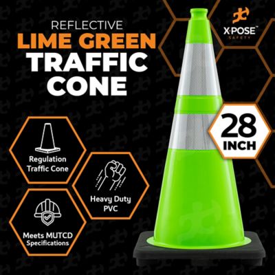 Image showing  12 Pack 6 in. and 4 in. Collar PVC Multi-Purpose Safety Traffic Cone Lime Green 28 in.