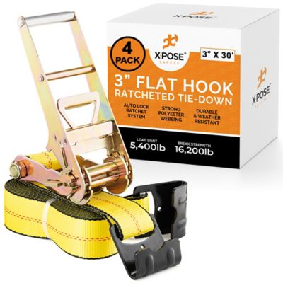 Xpose Safety 4 Pack Heavy Duty Ratchet Straps with Flat Hooks Yellow 3 in. x 30 foot