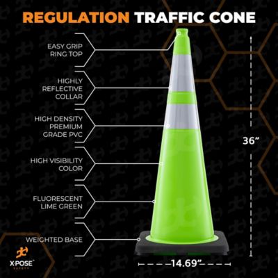 Image showing  4 Pack 6 in. and 4 in. Collar PVC Multi-Purpose Safety Traffic Cone Lime Green 36 in.