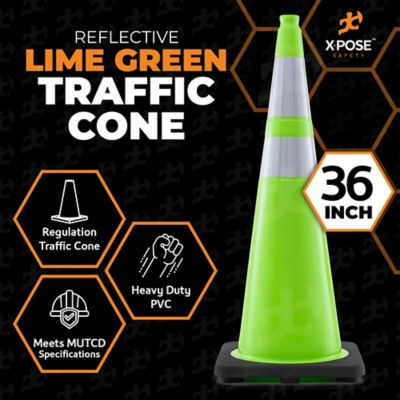 Image showing  4 Pack 6 in. and 4 in. Collar PVC Multi-Purpose Safety Traffic Cone Lime Green 36 in.