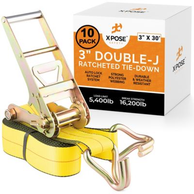 Xpose Safety 10 Pack Heavy Duty Ratchet Straps with Double J Hooks Yellow 3 in. x 30 foot