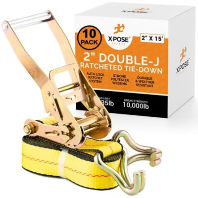 Xpose Safety 10 Pack Heavy Duty Ratchet Straps with Double J Hooks Yellow 2 in. x 15 foot