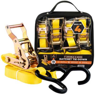 Xpose Safety 4 Pack Heavy Duty Ratchet Straps with Double S Hooks Yellow 1 in. x 15 foot