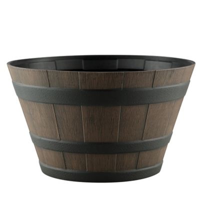 GroundWork Plastic Whiskey Barrel Planter, Brown, 15.5 in.