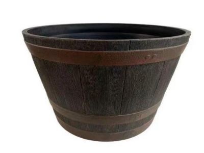 GroundWork 25 in. Plastic Whiskey Barrel Planter, Brown