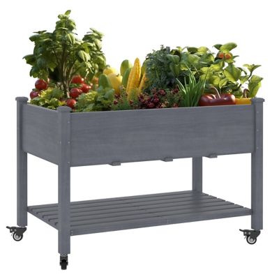 Veikous Wooden Raised Garden Bed with Lockable Wheels and Liner, PG0102-02GYA