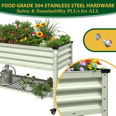Image showing  Galvanized Steel Raised Garden Bed with Wheels, Liner and Drainage Function, Light Green