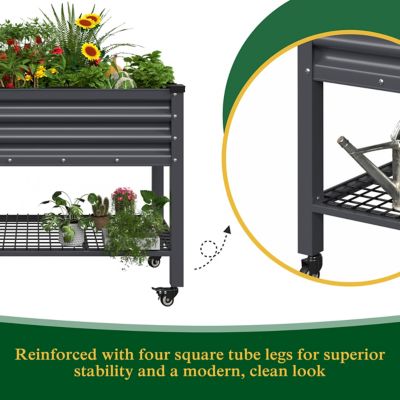 Image showing  48 in. L x 25 in. W x 34 in. H Gray Galvanized Steel Raised Garden Bed with Lockable Wheels, Liner and Drainage Function