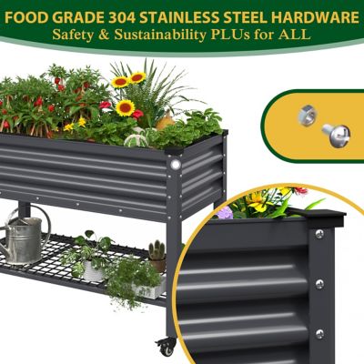 Image showing  48 in. L x 25 in. W x 34 in. H Gray Galvanized Steel Raised Garden Bed with Lockable Wheels, Liner and Drainage Function