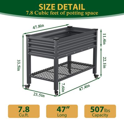 Image showing 7 th Veikous 48 L x 25 W x 34 H in. Gray Galvanized Steel Raised Garden Bed with Lockable Wheels, Liner and Drainage Function