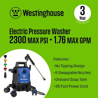Image showing  2300 Max PSI 1.76 Max GPM Electric Cold Pressure Washer with Soap Tank and 5 Nozzles