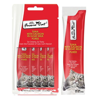 Fussie Cat Tuna & Salmon in Goat Milk Puree Cat Lickable Treat, 2 oz.