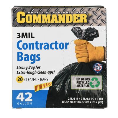 Commander 42 Gallon 3 Mil Black Heavy Duty Contractor Bags - 33 inch x 45 inch - Pack of 20 - for Contractor, Industrial, & Commercial