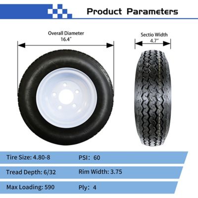 Image showing  4.80-8 Trailer Tire, 5-Hole White Spoke Wheel, Load Range B 4PR