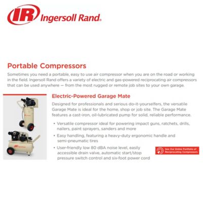 Image showing 8 th Ingersoll Rand 2 hp 20 gal. Single-Stage Garage Mate Small Portable Reciprocating Air Compressor, 135 PSI