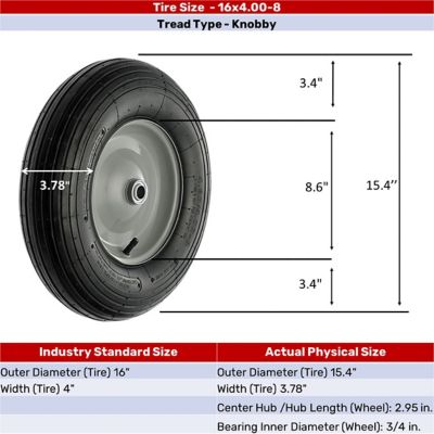Image showing 16 in. x 4.00-8 in. Pneumatic Wheel, 3/4 in. Bore Size, 330 lb. Capacity