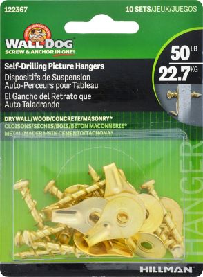 Walldog Self-Drilling Wall Dog Picture Hanger Brass (50 lb.) -10 Pack