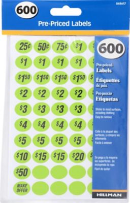 Hillman Pre-Priced Garage Sale Labels, 600-Pack