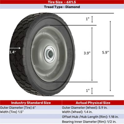 Image showing 6 x 1.5in. SR 0601 Diamond Tread Solid Tire with Center Steel Hub, 1/2 in. Bore Size