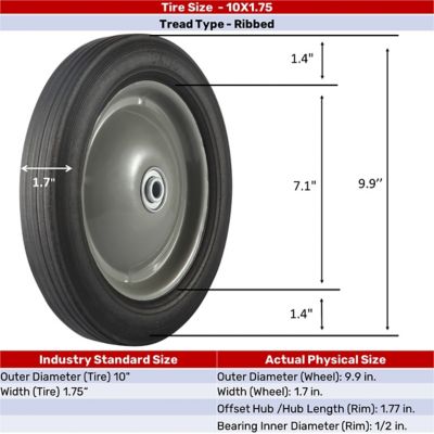 Image showing 10 in. x 1.75 in. SR 1001 Ribbed Solid Tire with Center Steel Hub, 1/2 in. Bore Size