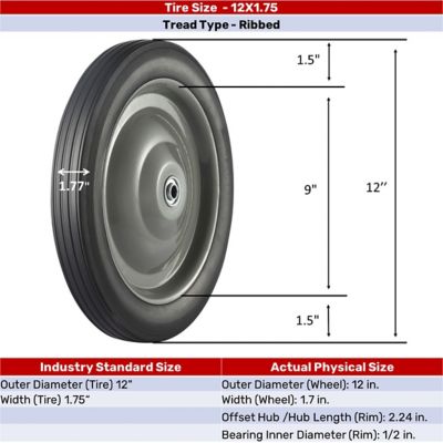 Image showing 12 in. x 1.75 in. SR 1201 Ribbed Solid Tire with Center Steel Hub, 1/2 in. Bore Size