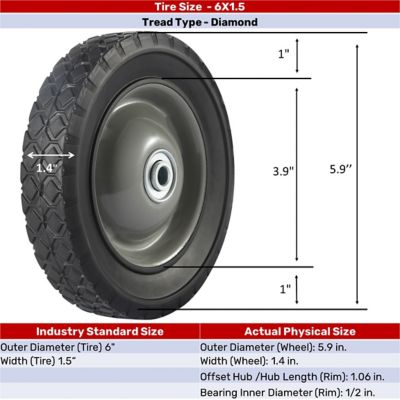 Image showing 6 in. x 1.5 in. SR 0603 Diamond Tread Solid Tire with Offset Steel Hub, 1/2 in. Bore Size
