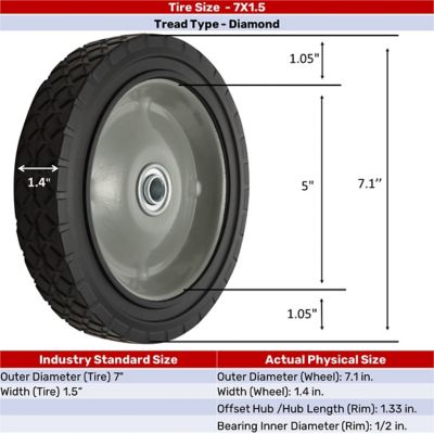 Image showing 7 in. x 1.5 in. SR 0703 Diamond Tread Solid Tire with Offset Steel Hub, 1/2 in. Bore Size