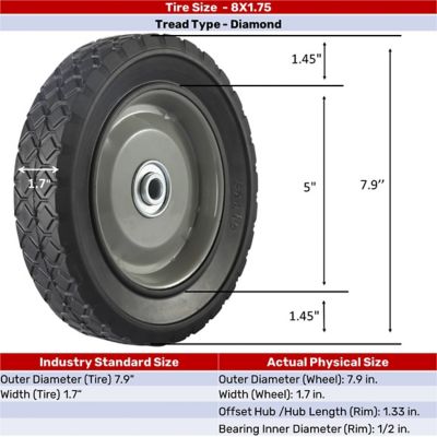 Image showing 8 in. x 1.75 in. SR 0803 Diamond Tread Solid Tire with Offset Steel Hub, 1/2 in. Bore Size