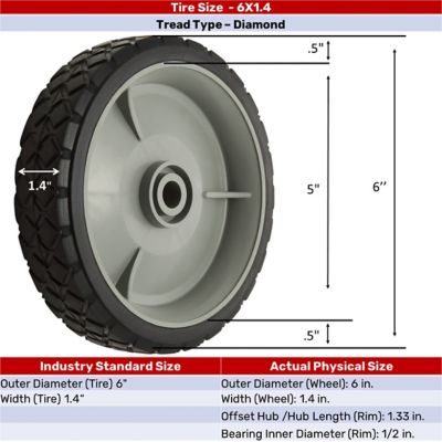 Image showing 6 in. x 1.4 in. SR 0604 Diamond Tread Solid Tire with Offset Plastic Hub, 1/2 in. Bore Size