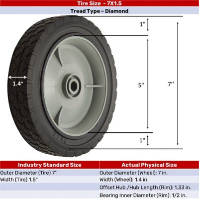 Image showing 7 in. x 1.5 in. SR 0705 Diamond Tread Solid Tire with Offset Plastic Hub, 1/2 in. Bore Size