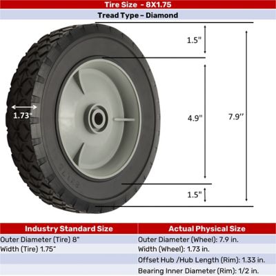 Image showing 8 in. x 1.75 in. SR 0804 Diamond Tread Solid Tire with Offset Plastic Hub, 1/2 in. Bore Size