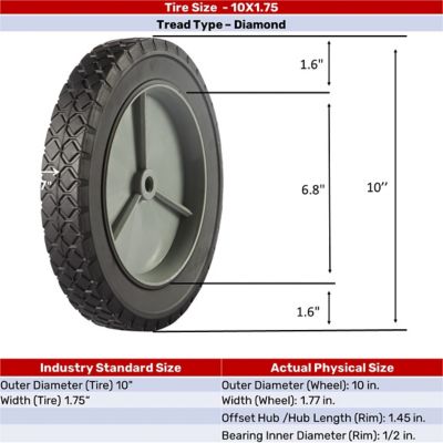 Image showing 10 in. x 1.75 in. SR 1003 Diamond Tread Solid Tire with Offset Plastic Hub, 1/2 in. Bore Size