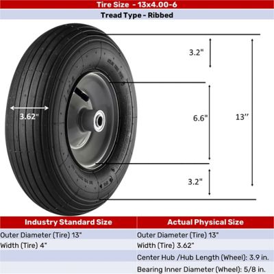 Image showing 13 in. Pneumatic Wheel, Ribbed Tread, 5/8 in. Bore Size