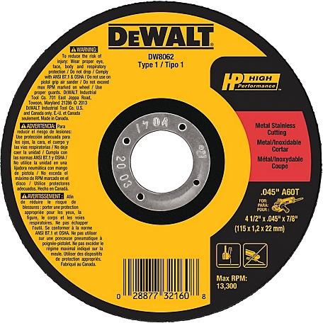 DeWALT 4-1/2 in. x 0.045 in. x 7/8 in. High-Performance Metal & Stainless Cutting Wheels Type 1