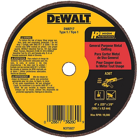 DeWALT 4 in. x 0.035 in. x 3/8 in. High Performance Type1 Small Diameter Metal/Stainless Cutting Wheel, Fiberglass