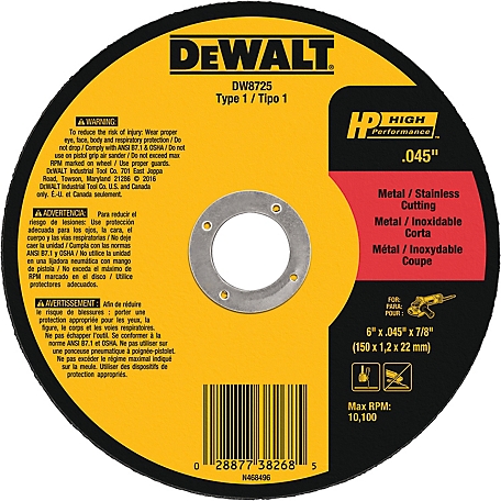 DeWALT 6 in. x 0.040 in. x 7/8 in. High-Performance Metal/Stainless Cutting Wheels Type 1