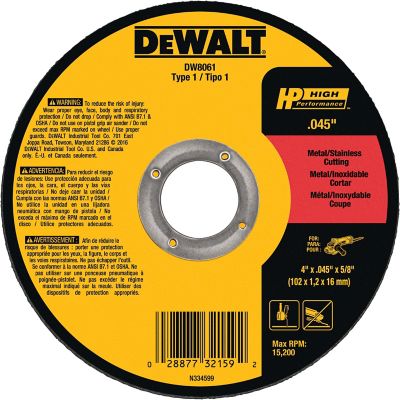 DeWALT 4 in. x 0.045 in. x 5/8 in. High Performance Metal/Stainless Cutting Wheels Type 1