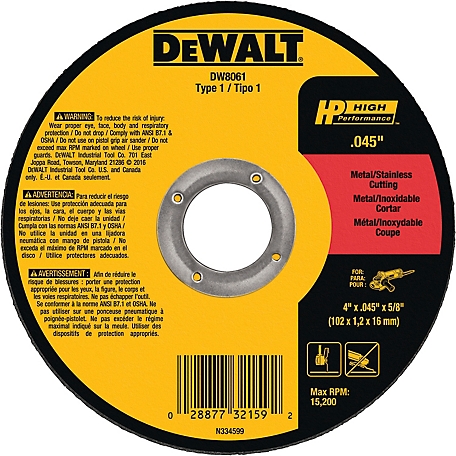 DeWALT 4 in. x 0.045 in. x 5/8 in. High Performance Metal/Stainless Cutting Wheels Type 1